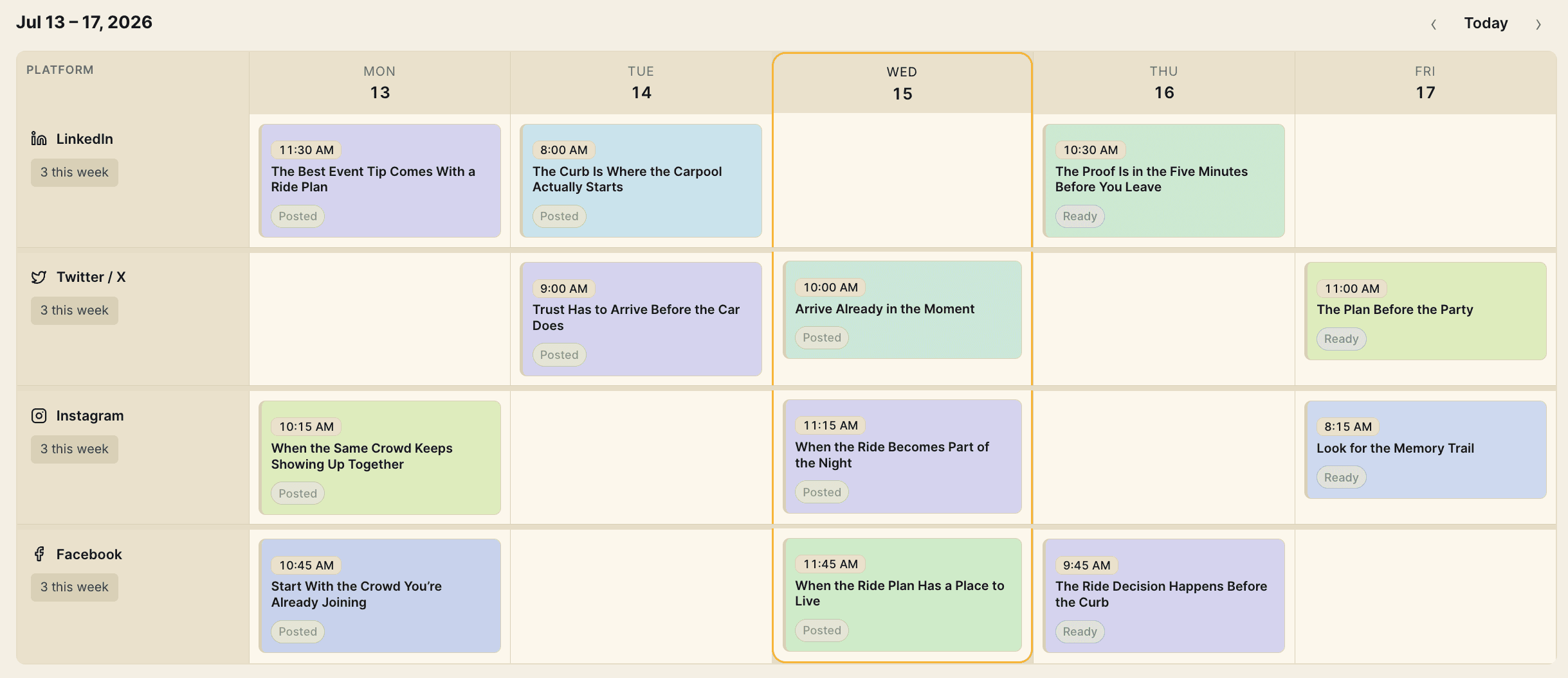 A filled week of Let's Carpool posts across LinkedIn, X, Instagram, and Facebook